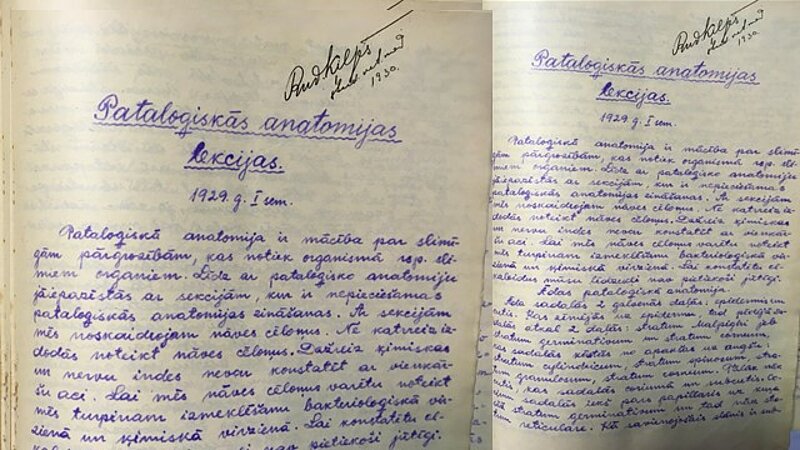 MĒNEŠA PRIEKŠMETS. 1929.gada studenta klade ar profesora Romana Adelheima lekciju pierakstiem