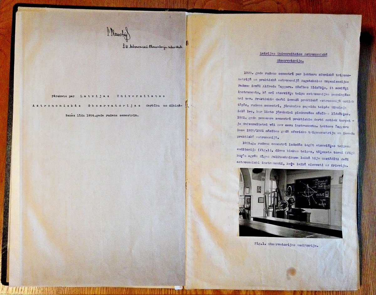 S. Slaucītāja 1924. gadā sastādītais pārskata atvērums par Latvijas Universitātes Astronomiskās observatorijas darbības pirmajiem gadiem S. Slaucītāja 1924. gadā sastādītais pārskata atvērums par Latvijas Universitātes Astronomiskās observatorijas darbības pirmajiem gadiem
